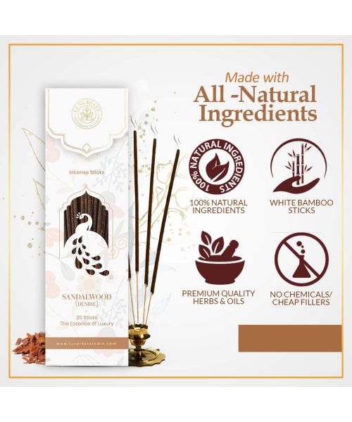 Luxuriate: Sandalwood Ayurvedic,Organic,Natural and Non-Toxic Incense Sticks - Contains 20 Incense Sticks