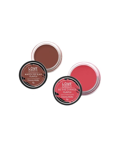 Love Earth: Lip Tint & Cheek Tint Multipot Combo (Rose Pink & Caramel Brown) with Richness of Jojoba Oil and Vitamin E for Lips, Eyelids and Cheeks