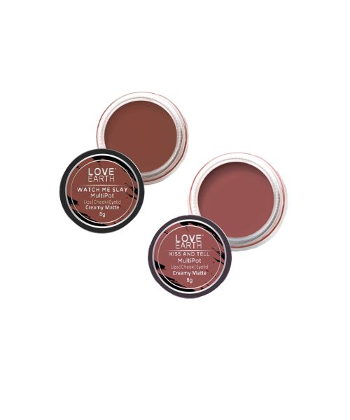 Love Earth: Lip Tint & Cheek Tint Multipot Combo (Mauvish Pink & Caramel Brown) with Richness of Jojoba Oil and Vitamin E for Lips, Eyelids and Cheeks