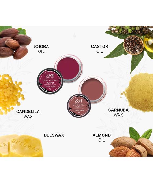 Love Earth: Lip Tint & Cheek Tint Multipot Combo (Mauvish Pink & Raspberry Pink) with Richness of Jojoba Oil and Vitamin E for Lips, Eyelids and Cheeks