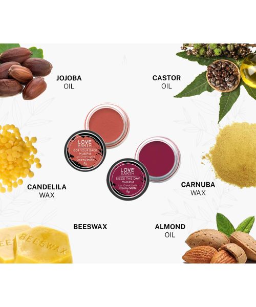 Love Earth: Lip Tint & Cheek Tint Multipot Combo (Coral & Raspberry Pink) with Richness of Jojoba Oil and Vitamin E for Lips, Eyelids and Cheeks