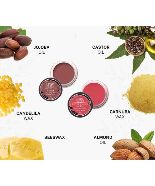 Love Earth: Lip Tint & Cheek Tint Multipot Combo (Rose Pink & Mauvish Pink) with Richness of Jojoba Oil and Vitamin E for Lips, Eyelids and Cheeks