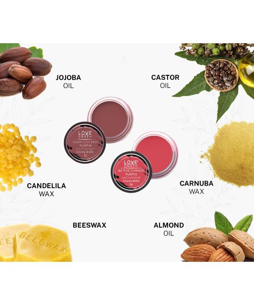 Love Earth: Lip Tint & Cheek Tint Multipot Combo (Rose Pink & Ruby Pink) with Richness of Jojoba Oil and Vitamin E for Lips, Eyelids and Cheeks