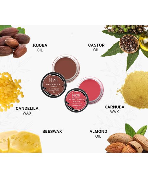 Love Earth: Lip Tint & Cheek Tint Multipot Combo (Rose Pink & Caramel Brown) with Richness of Jojoba Oil and Vitamin E for Lips, Eyelids and Cheeks