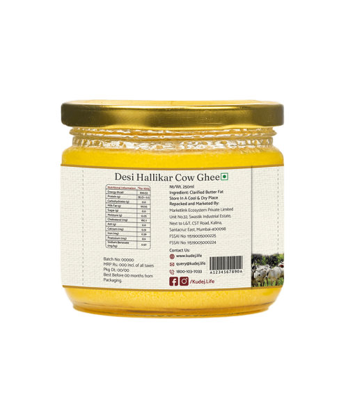 KUDEJ: Desi Hallikar Cow A2 Ghee - 250ml