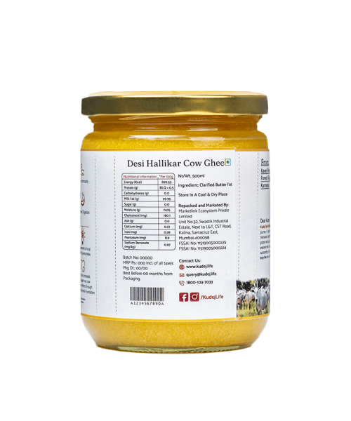 KUDEJ: Desi Hallikar Cow A2 Ghee - 500ml
