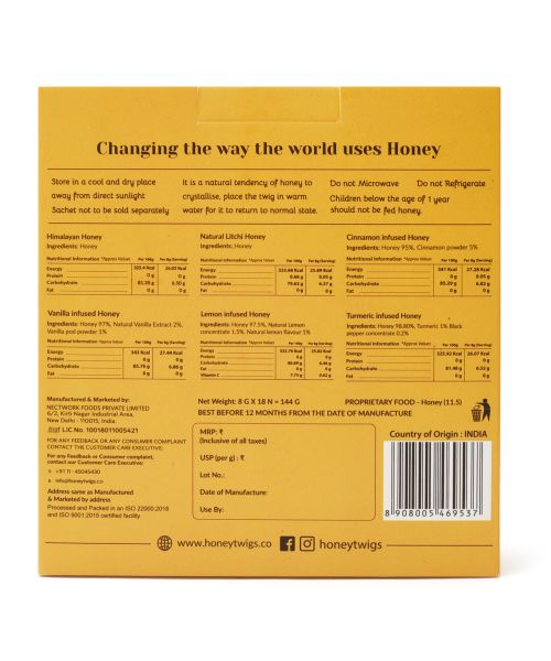 Honey Twigs: Tasterz Honey Combo Pack - Multiflora, Litchi, Cinnamon, Vanilla, Lemon and Turmeric Infused Honey - 3 Sachets each