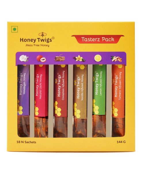 Honey Twigs: Tasterz Honey Combo Pack - Multiflora, Litchi, Cinnamon, Vanilla, Lemon and Turmeric Infused Honey - 3 Sachets each