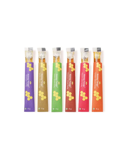 Honey Twigs: Tasterz Honey Combo Pack - Multiflora, Litchi, Cinnamon, Vanilla, Lemon and Turmeric Infused Honey - 3 Sachets each