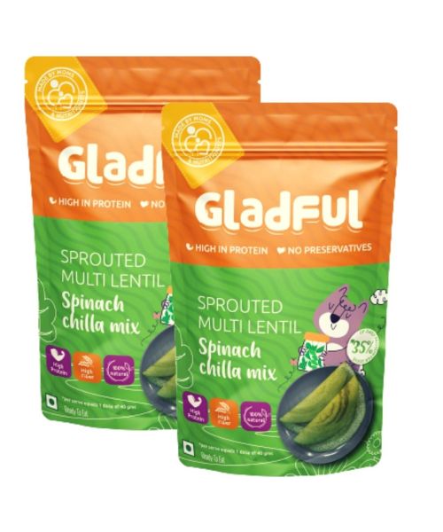 Gladful: Spinach Protein Sprouted lentils & millets Instant Chilla  Dosa Mix - 200 gm (Pack of 2)